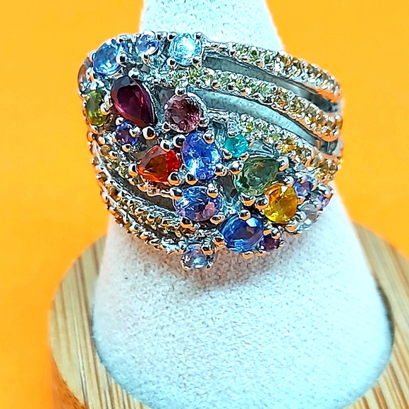 Natural Rhodolite Garnet, Emerald & Kyanite Gems 925 Sterling Silver Ring Sz 7.5 - Picture 3 of 8